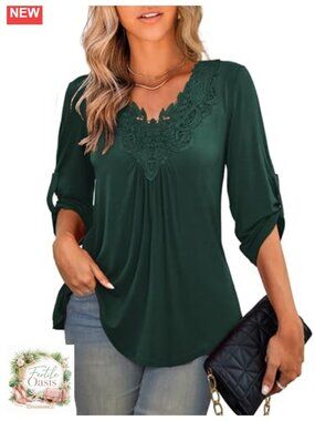 Plus Size Tunic 3/4 Sleeve V-Neck Lace Crochet Casual Blouse